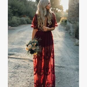 Elegant Burgundy Lace Maxi Romper